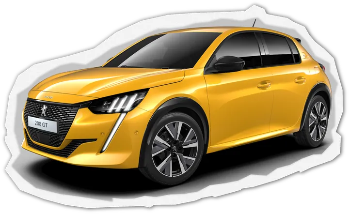 Peugeot 208 jaune posée sur une feuille de papier déchirée